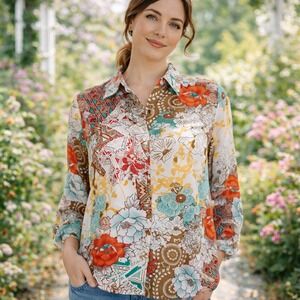 Chico's‎ XL Floral white orange Patchwork Roll Tab Sleeve Blouse cottage boho